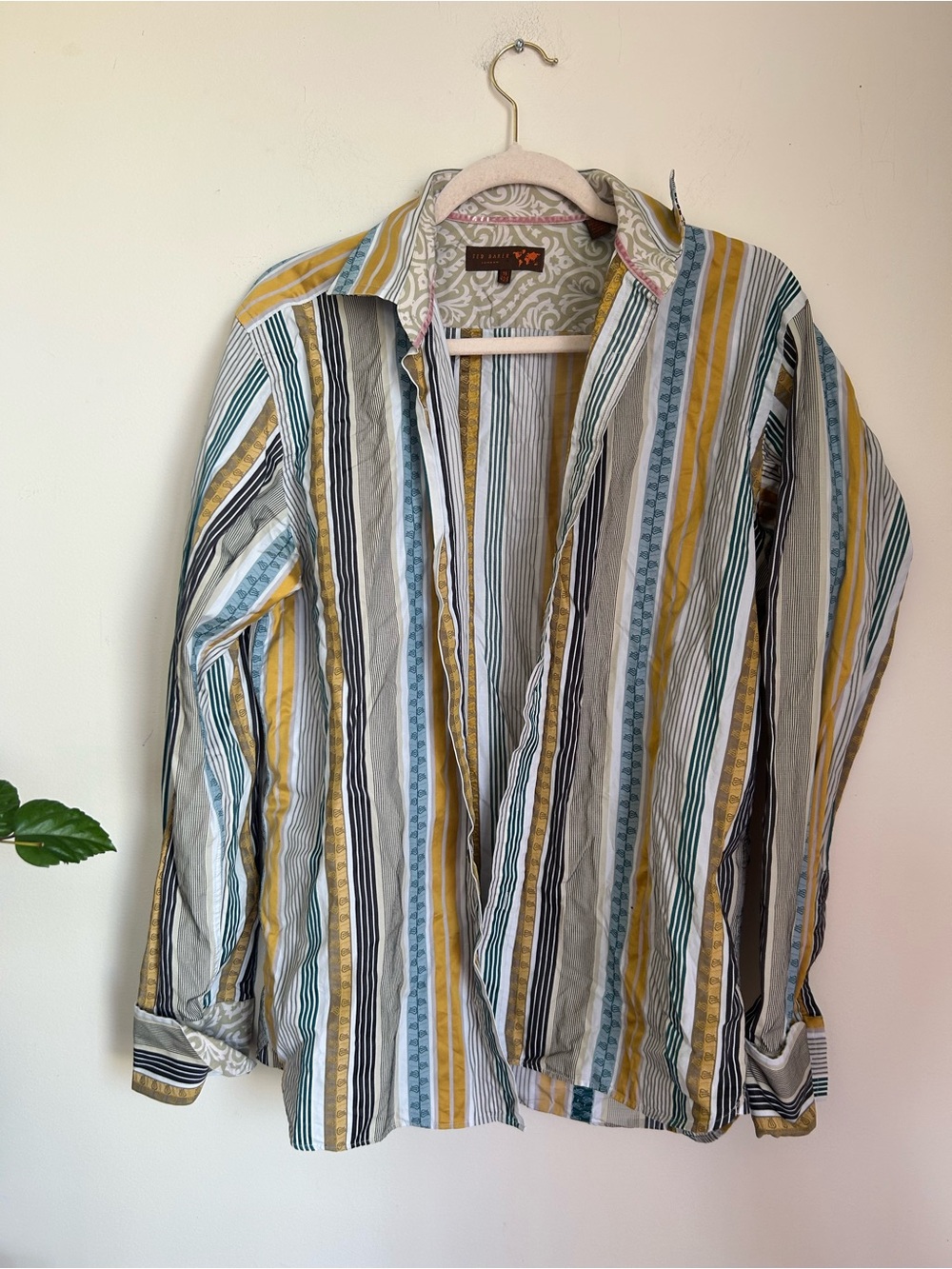 Striped Long-Sleeve Button-Up Shirt in Yellow, Blue & White
